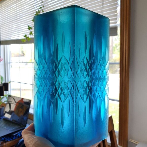 Sascha Brastoff MCM Blue Resin Square Diamond Candleholder 1950's Signed 9 3/4” - Picture 1 of 15